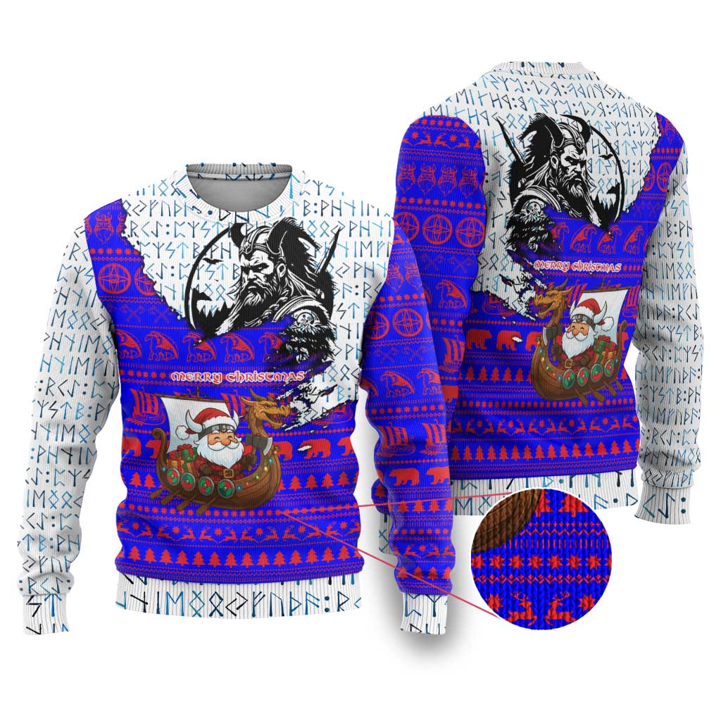 Viking Christmas Ugly Christmas Sweater with Santa in Longship Dragon Head Helmet Runes Blue Red Knit Pattern Design - Wonder Print Shop