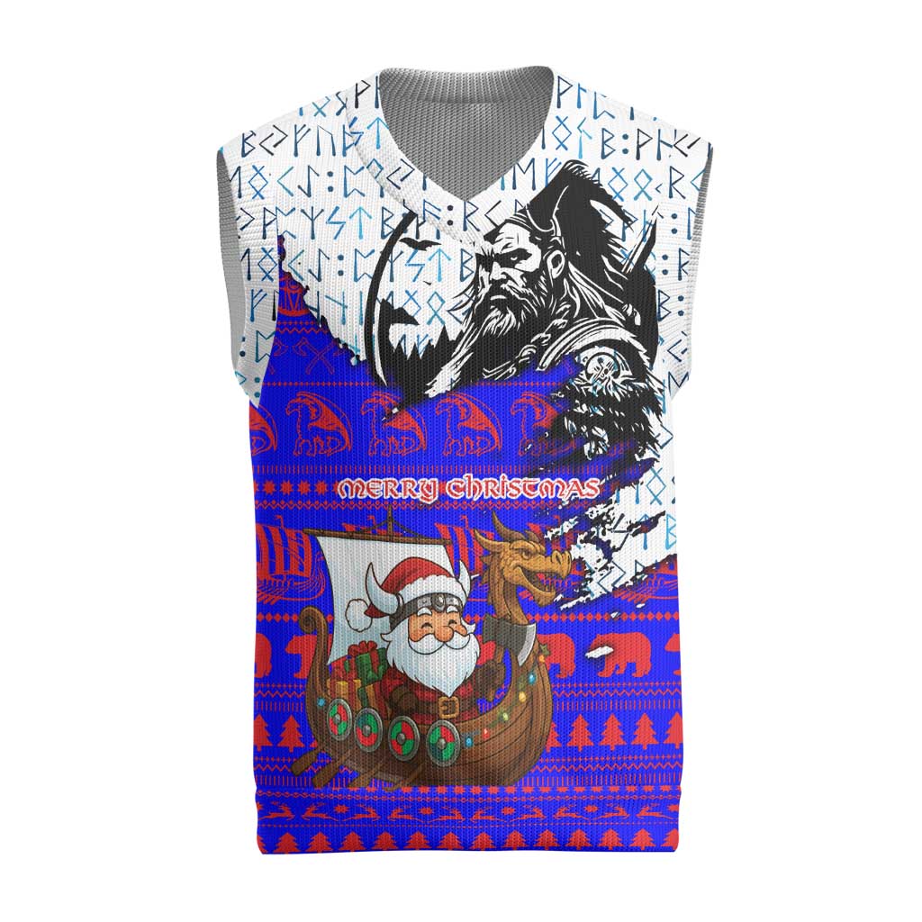 Viking Christmas Knitted V-Neck Vest with Santa in Longship Dragon Head Helmet Runes Blue Red Knit Pattern Design - Wonder Print Shop