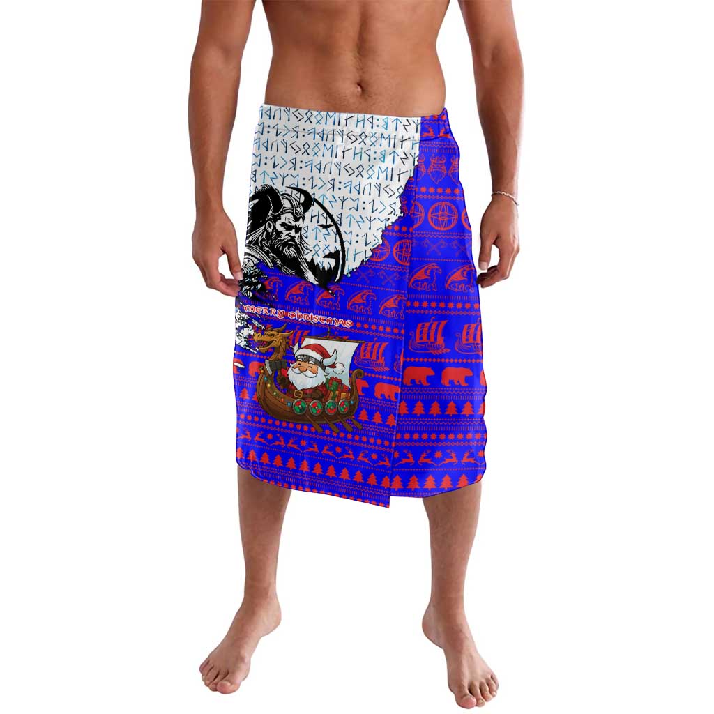 Viking Christmas Lavalava with Santa in Longship Dragon Head Helmet Runes Blue Red Knit Pattern Design - Wonder Print Shop