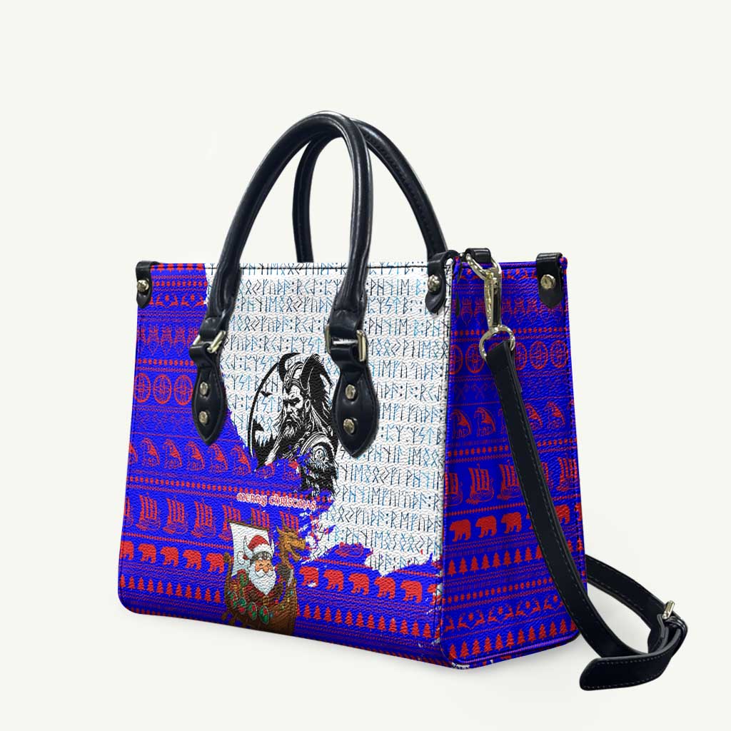 Viking Christmas Leather Bag with Santa in Longship Dragon Head Helmet Runes Blue Red Knit Pattern Design - Wonder Print Shop