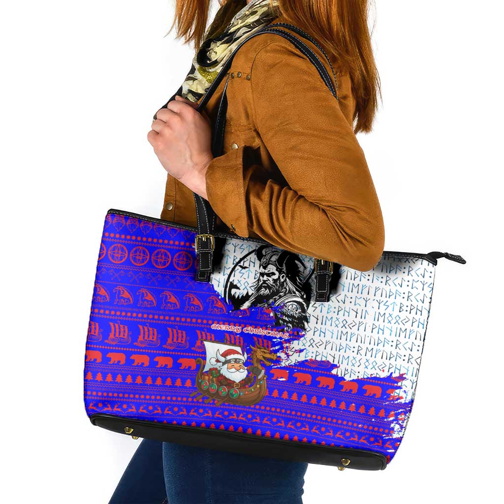 Viking Christmas Leather Tote Bag with Santa in Longship Dragon Head Helmet Runes Blue Red Knit Pattern Design - Wonder Print Shop