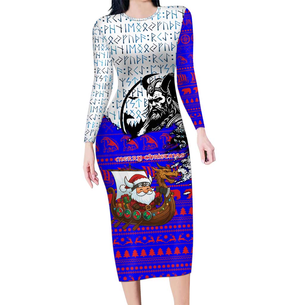 Viking Christmas Long Sleeve Bodycon Dress with Santa in Longship Dragon Head Helmet Runes Blue Red Knit Pattern Design - Wonder Print Shop