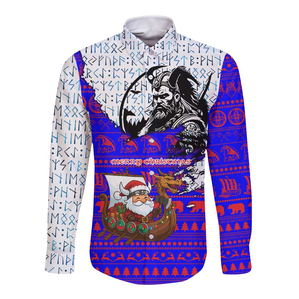 Viking Christmas Long Sleeve Button Shirt with Santa in Longship Dragon Head Helmet Runes Blue Red Knit Pattern Design - Wonder Print Shop