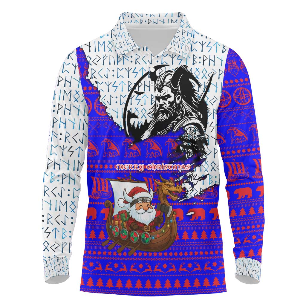 Viking Christmas Long Sleeve Polo Shirt with Santa in Longship Dragon Head Helmet Runes Blue Red Knit Pattern Design - Wonder Print Shop
