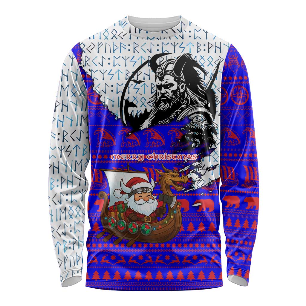 Viking Christmas Long Sleeve Shirt with Santa in Longship Dragon Head Helmet Runes Blue Red Knit Pattern Design - Wonder Print Shop