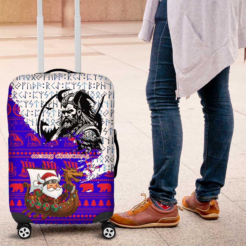 Viking Christmas Luggage Cover with Santa in Longship Dragon Head Helmet Runes Blue Red Knit Pattern Design - Wonder Print Shop