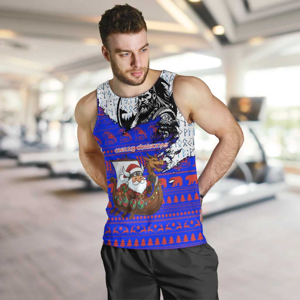 Viking Christmas Men Tank Top with Santa in Longship Dragon Head Helmet Runes Blue Red Knit Pattern Design - Wonder Print Shop