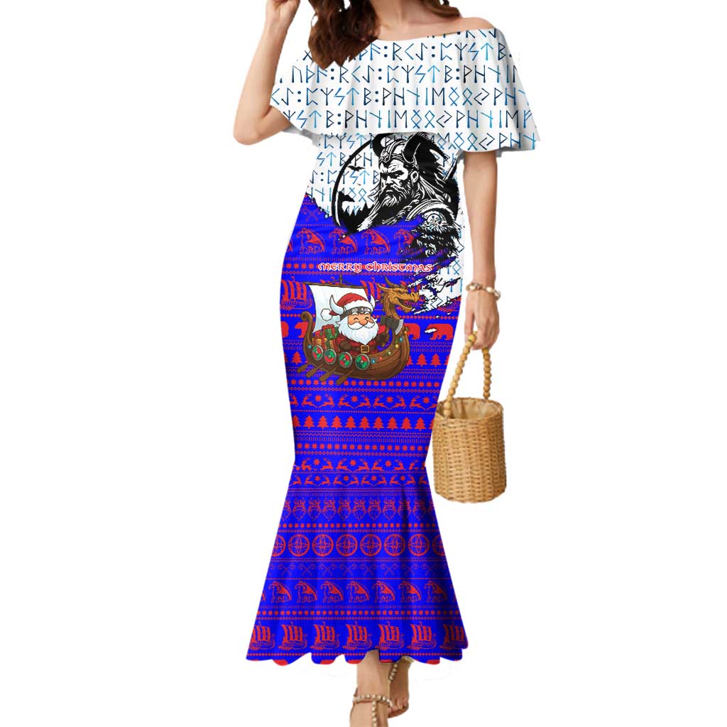 Viking Christmas Mermaid Dress with Santa in Longship Dragon Head Helmet Runes Blue Red Knit Pattern Design - Wonder Print Shop