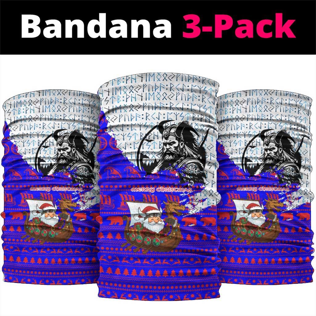 Viking Christmas Neck Gaiter with Santa in Longship Dragon Head Helmet Runes Blue Red Knit Pattern Design - Wonder Print Shop