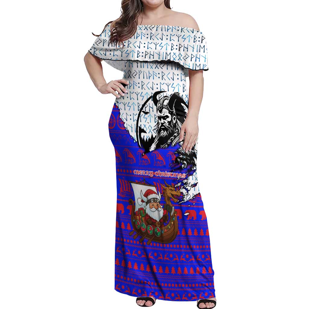 Viking Christmas Off Shoulder Maxi Dress with Santa in Longship Dragon Head Helmet Runes Blue Red Knit Pattern Design - Wonder Print Shop