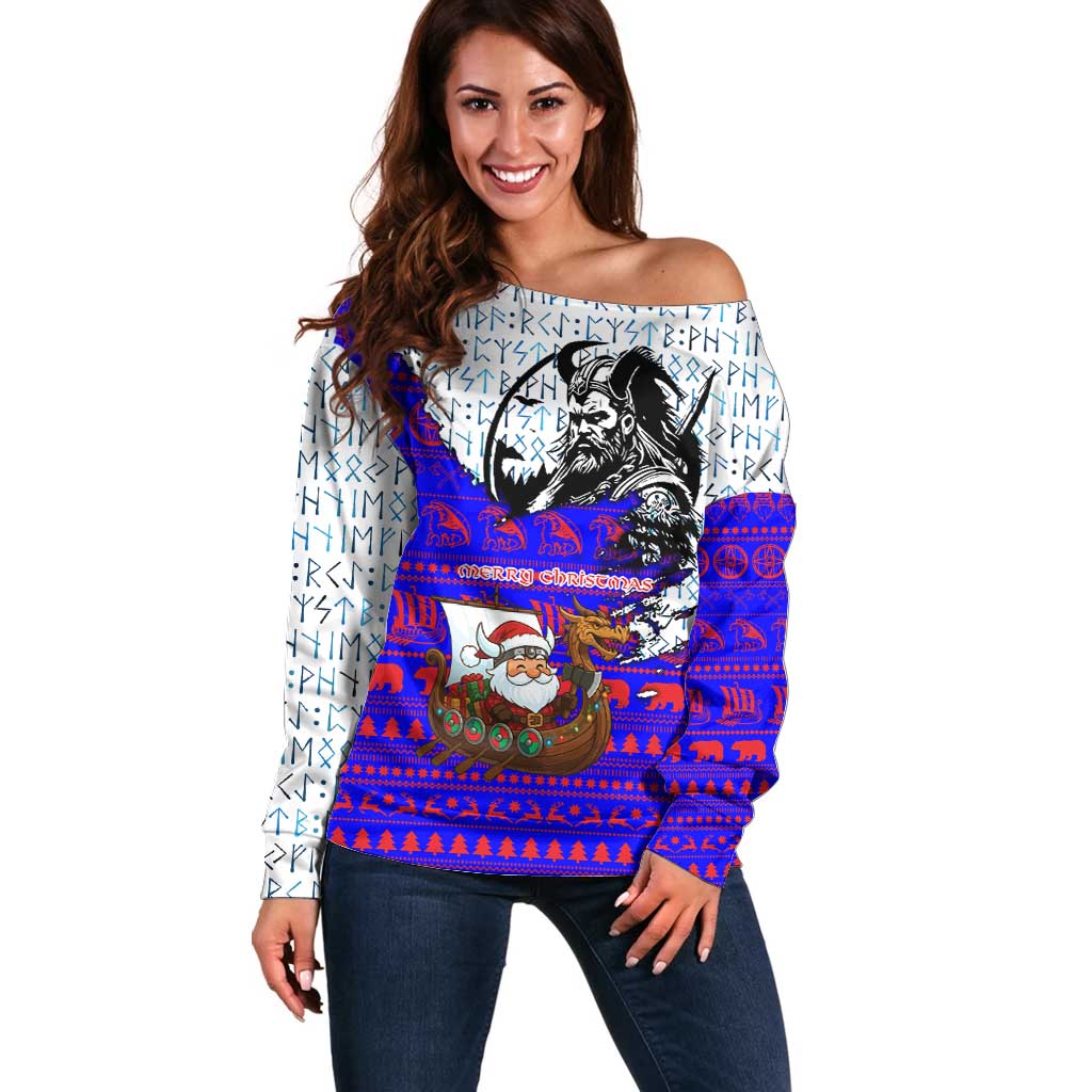 Viking Christmas Off Shoulder Sweater with Santa in Longship Dragon Head Helmet Runes Blue Red Knit Pattern Design - Wonder Print Shop