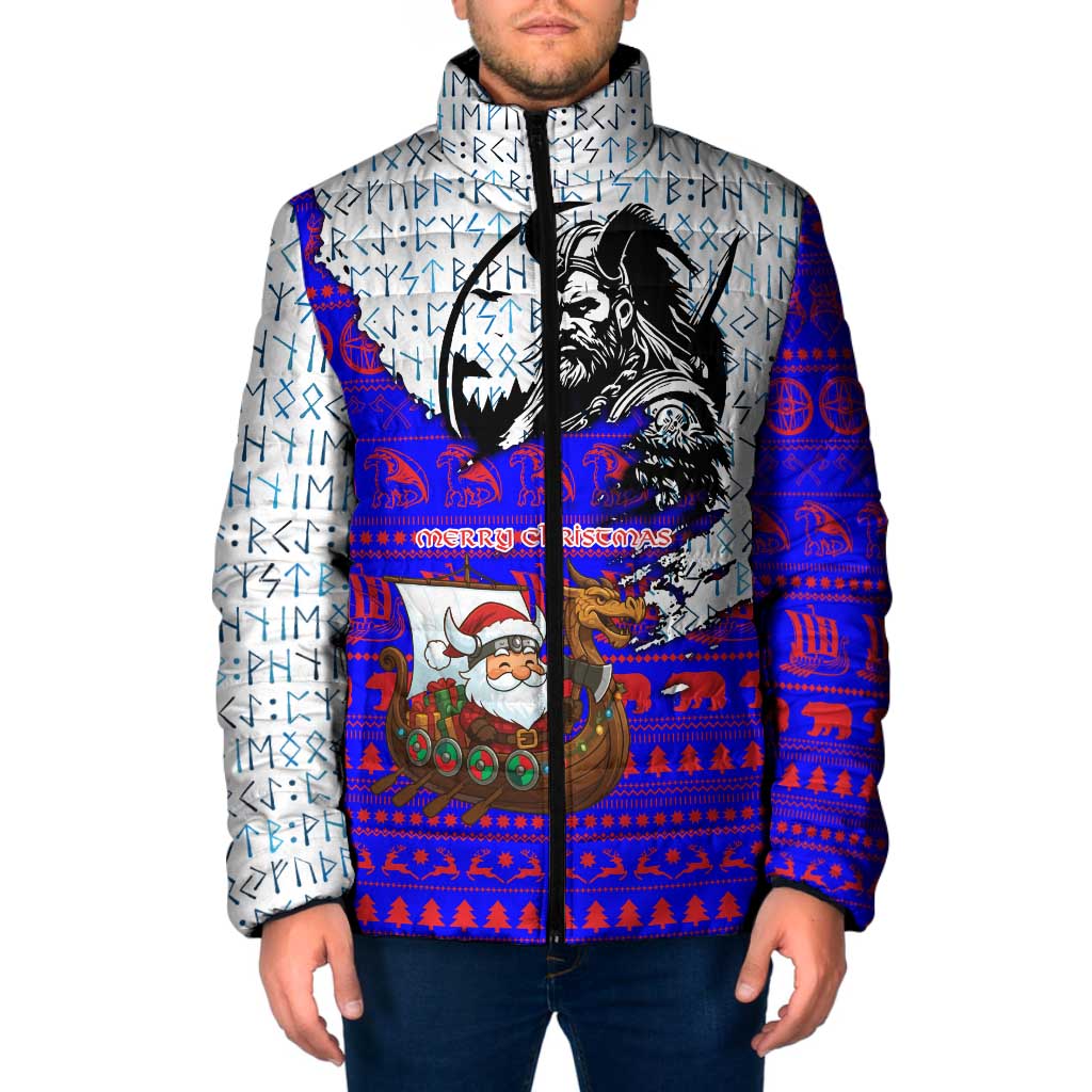 Viking Christmas Padded Jacket with Santa in Longship Dragon Head Helmet Runes Blue Red Knit Pattern Design - Wonder Print Shop