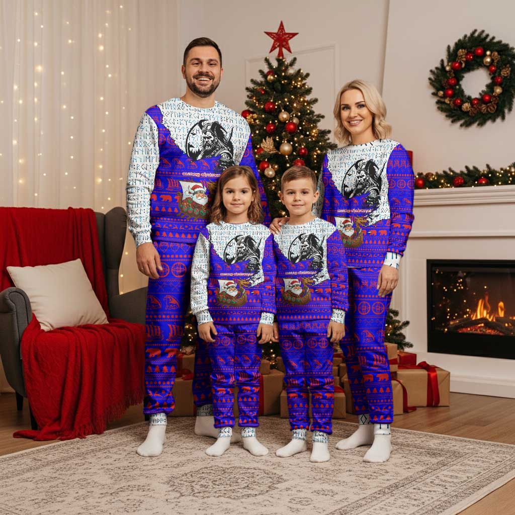 Viking Christmas Pajama Set with Santa in Longship Dragon Head Helmet Runes Blue Red Knit Pattern Design - Wonder Print Shop
