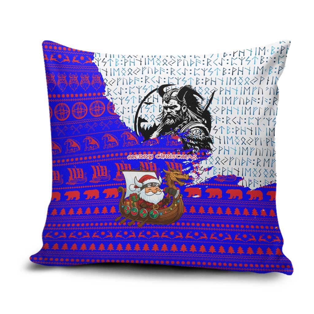Viking Christmas Pillow Cover with Santa in Longship Dragon Head Helmet Runes Blue Red Knit Pattern Design - Wonder Print Shop