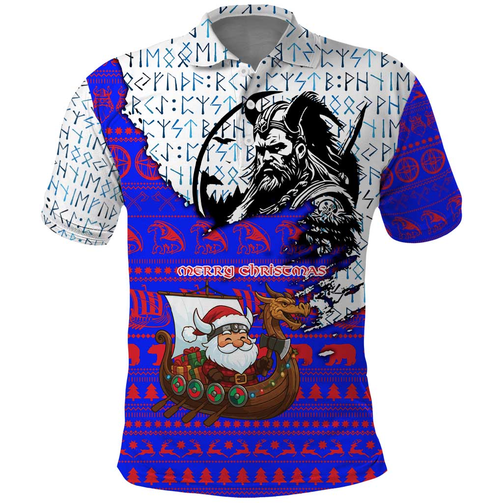 Viking Christmas Polo Shirt with Santa in Longship Dragon Head Helmet Runes Blue Red Knit Pattern Design - Wonder Print Shop