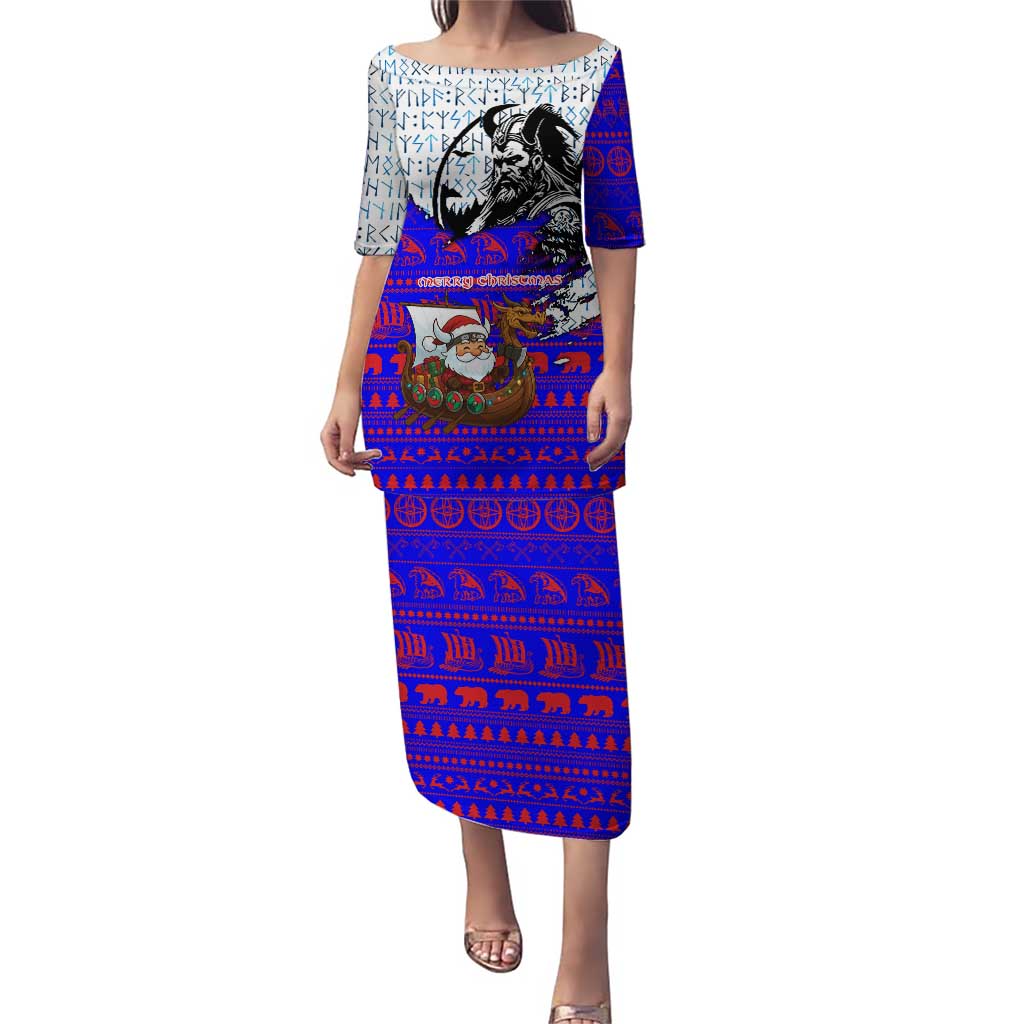 Viking Christmas Puletasi with Santa in Longship Dragon Head Helmet Runes Blue Red Knit Pattern Design - Wonder Print Shop