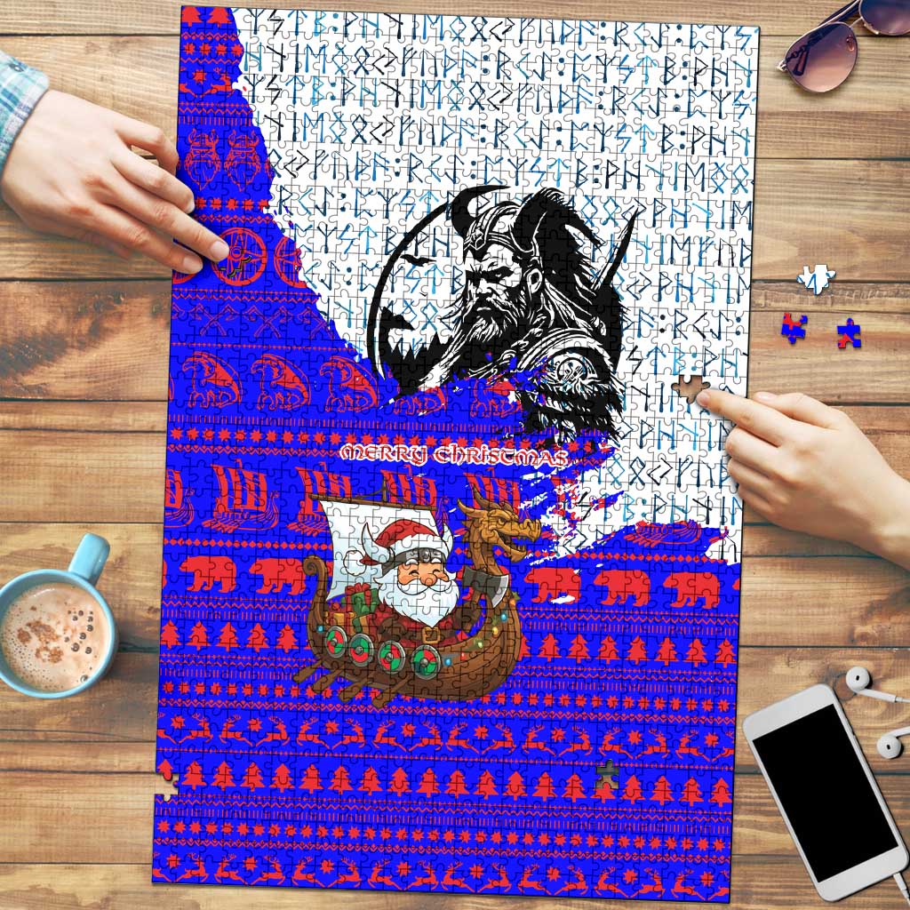 Viking Christmas Puzzle with Santa in Longship Dragon Head Helmet Runes Blue Red Knit Pattern Design - Wonder Print Shop