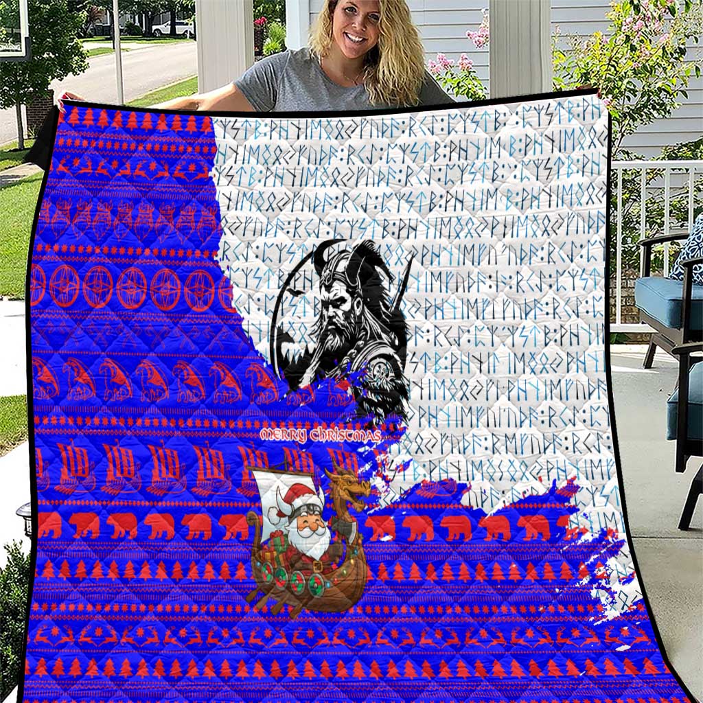 Viking Christmas Quilt with Santa in Longship Dragon Head Helmet Runes Blue Red Knit Pattern Design - Wonder Print Shop