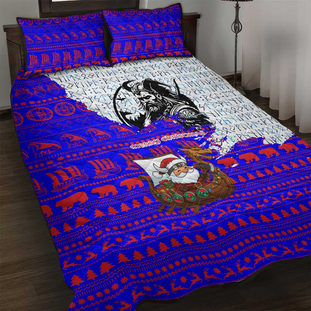Viking Christmas Quilt Bed Set with Santa in Longship Dragon Head Helmet Runes Blue Red Knit Pattern Design - Wonder Print Shop