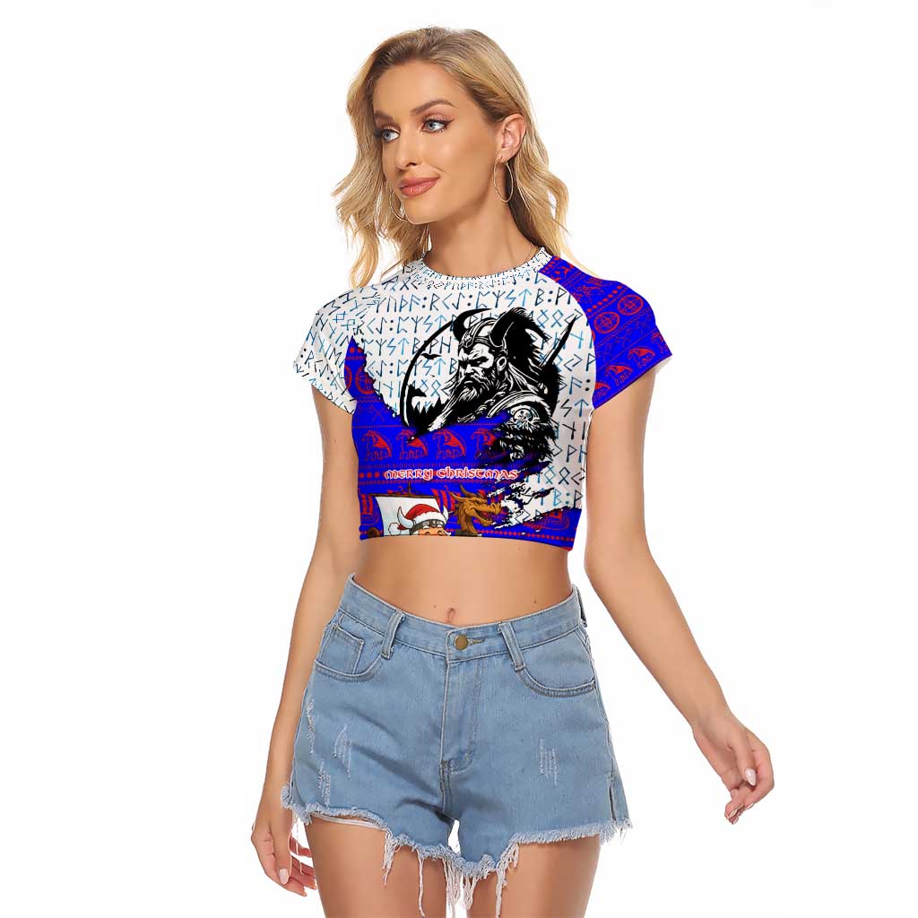 Viking Christmas Raglan Cropped T Shirt with Santa in Longship Dragon Head Helmet Runes Blue Red Knit Pattern Design - Wonder Print Shop