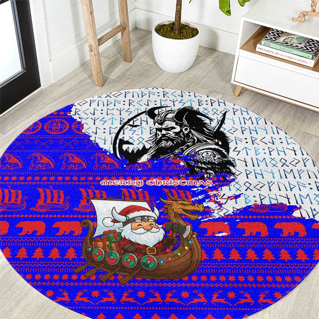 Viking Christmas Round Carpet with Santa in Longship Dragon Head Helmet Runes Blue Red Knit Pattern Design - Wonder Print Shop