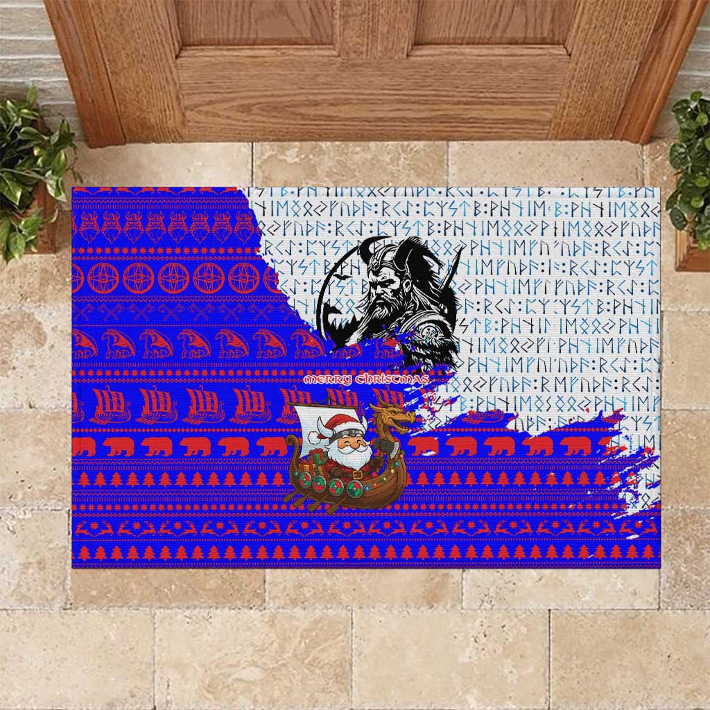 Viking Christmas Rubber Doormat with Santa in Longship Dragon Head Helmet Runes Blue Red Knit Pattern Design - Wonder Print Shop