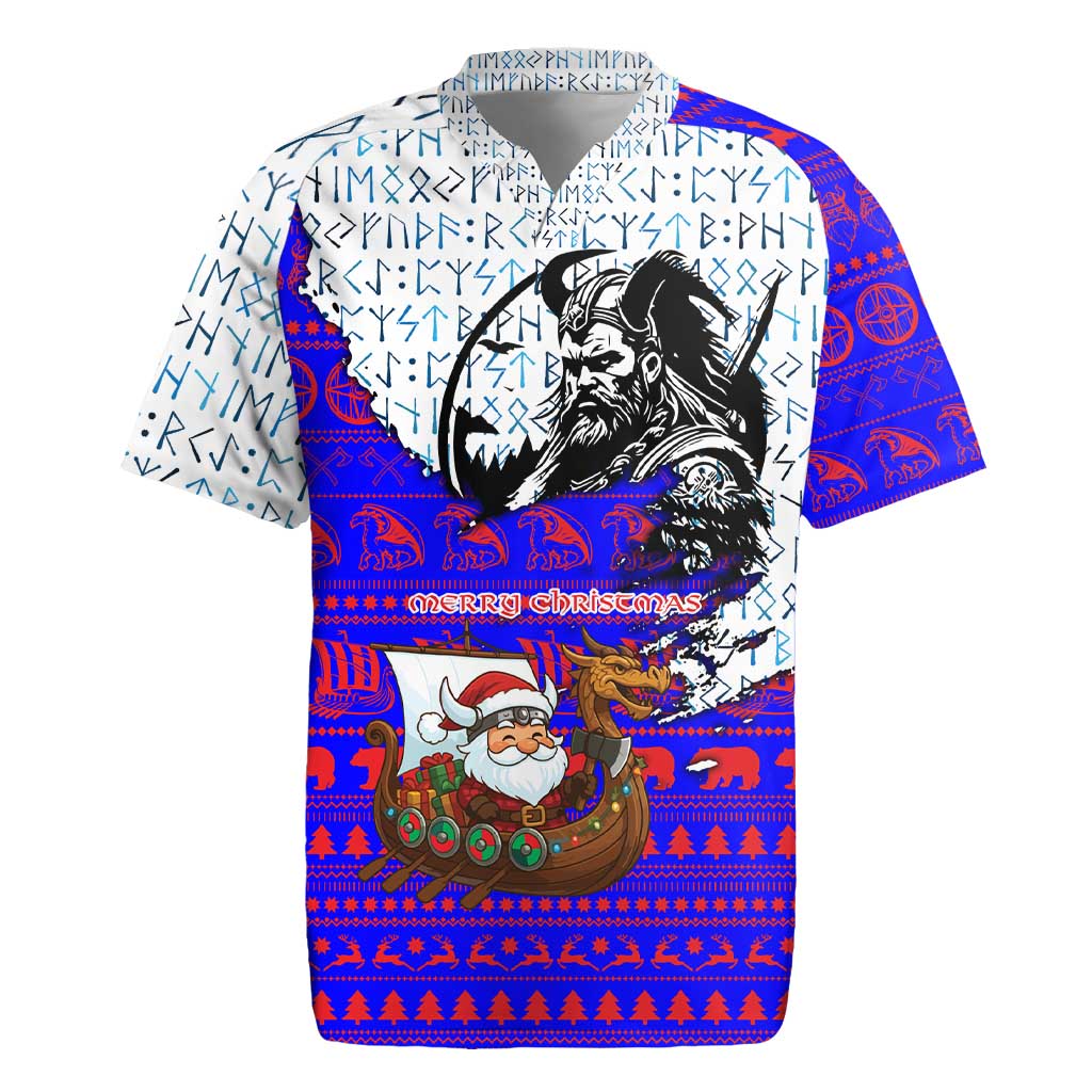 Viking Christmas Rugby Jersey with Santa in Longship Dragon Head Helmet Runes Blue Red Knit Pattern Design - Wonder Print Shop