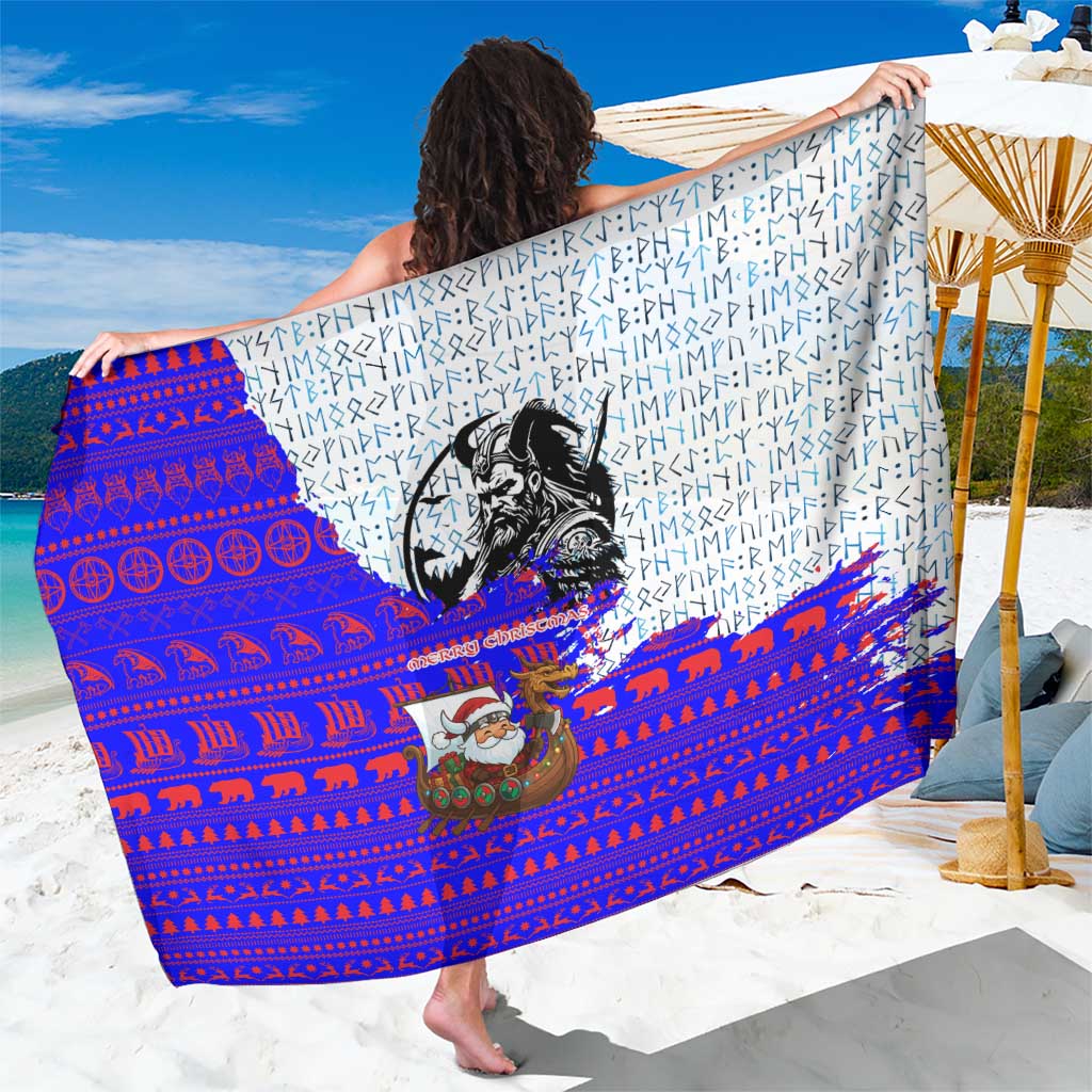 Viking Christmas Sarong with Santa in Longship Dragon Head Helmet Runes Blue Red Knit Pattern Design - Wonder Print Shop