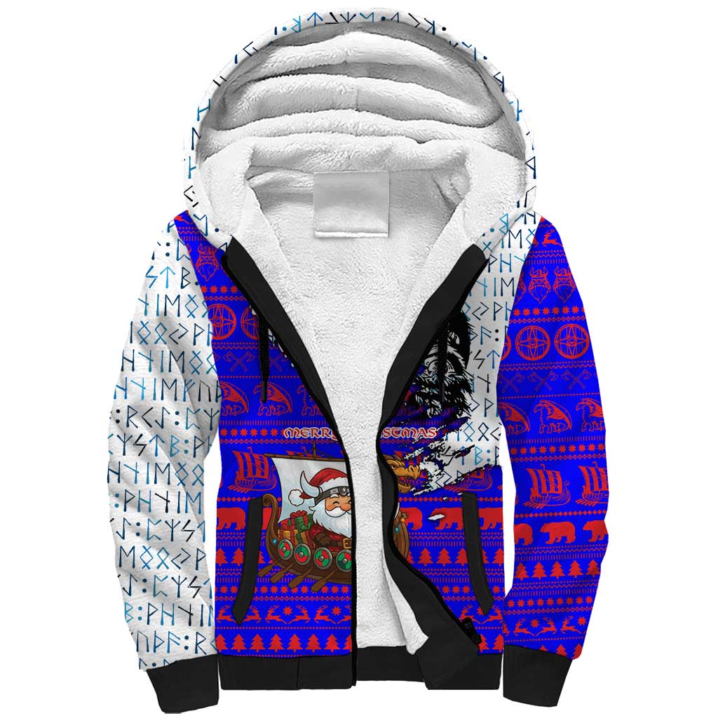 Viking Christmas Sherpa Hoodie with Santa in Longship Dragon Head Helmet Runes Blue Red Knit Pattern Design - Wonder Print Shop