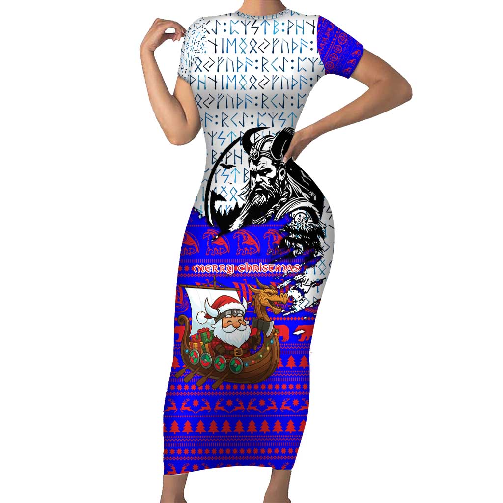 Viking Christmas Short Sleeve Bodycon Dress with Santa in Longship Dragon Head Helmet Runes Blue Red Knit Pattern Design - Wonder Print Shop