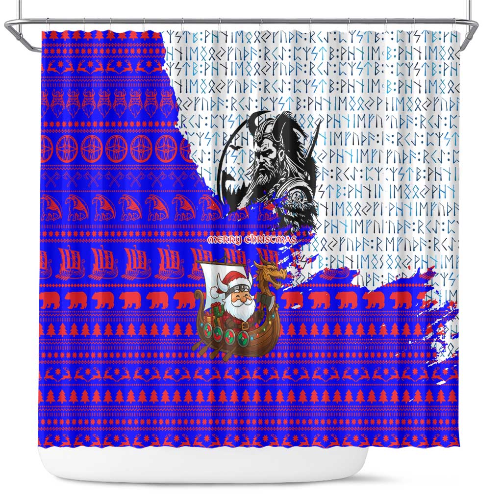Viking Christmas Shower Curtain with Santa in Longship Dragon Head Helmet Runes Blue Red Knit Pattern Design - Wonder Print Shop