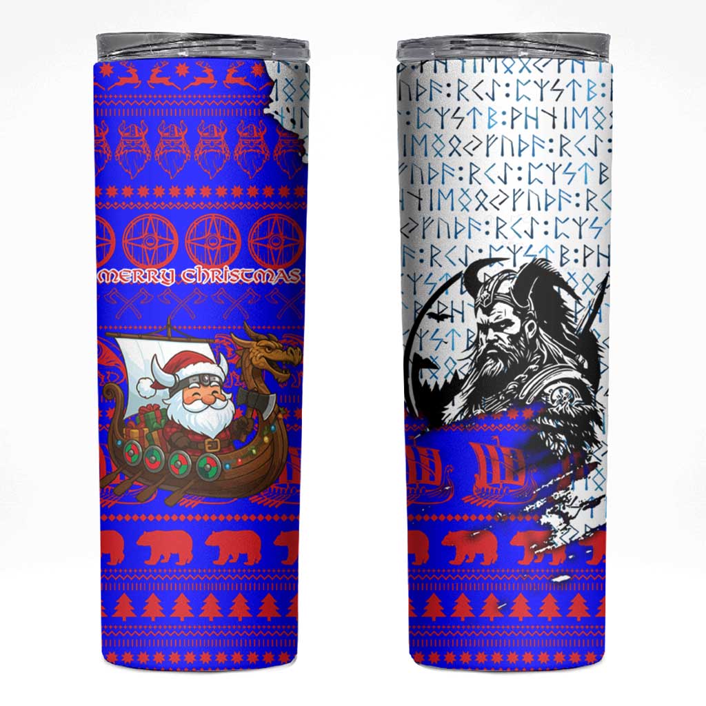 Viking Christmas Skinny Tumbler with Santa in Longship Dragon Head Helmet Runes Blue Red Knit Pattern Design - Wonder Print Shop