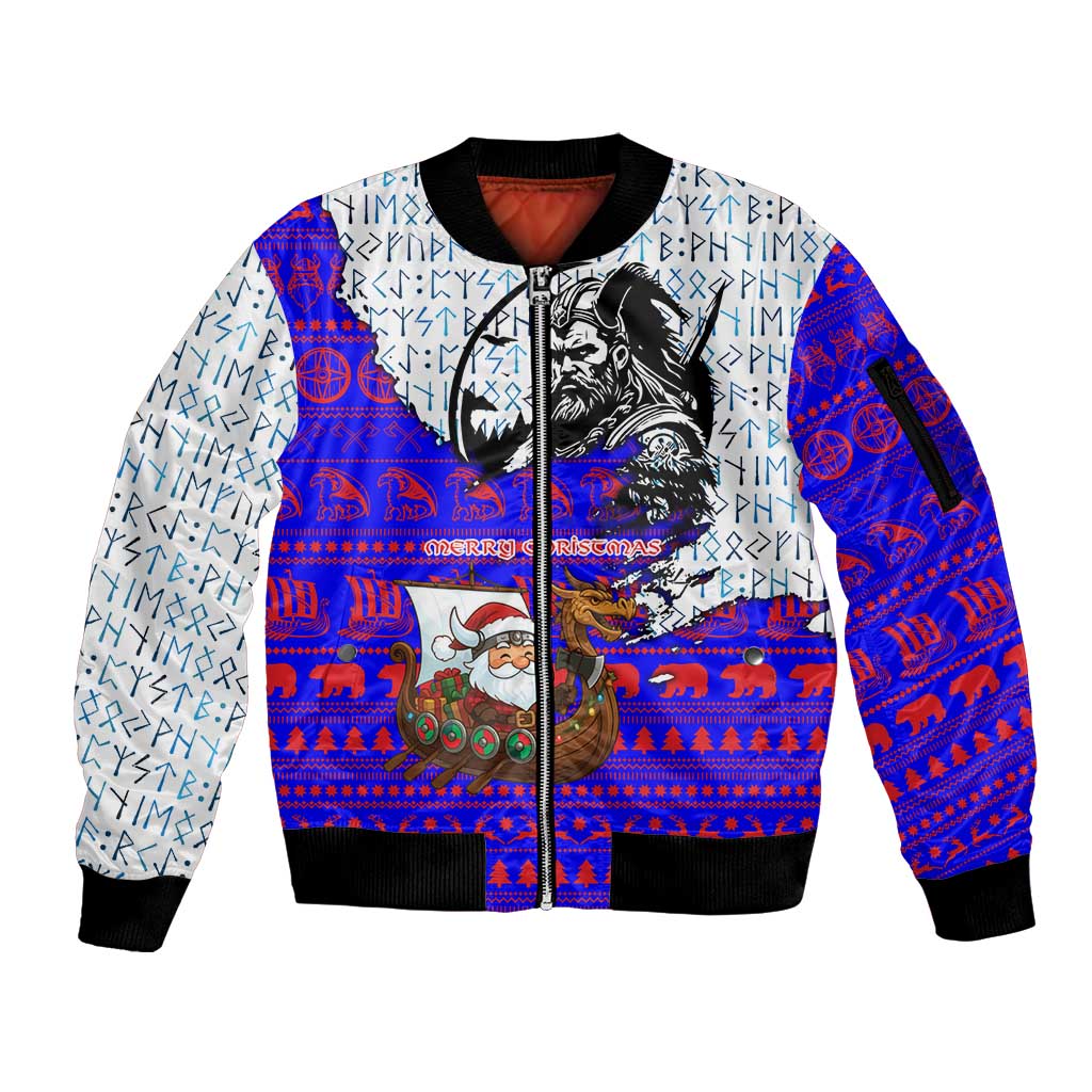 Viking Christmas Sleeve Zip Bomber Jacket with Santa in Longship Dragon Head Helmet Runes Blue Red Knit Pattern Design - Wonder Print Shop