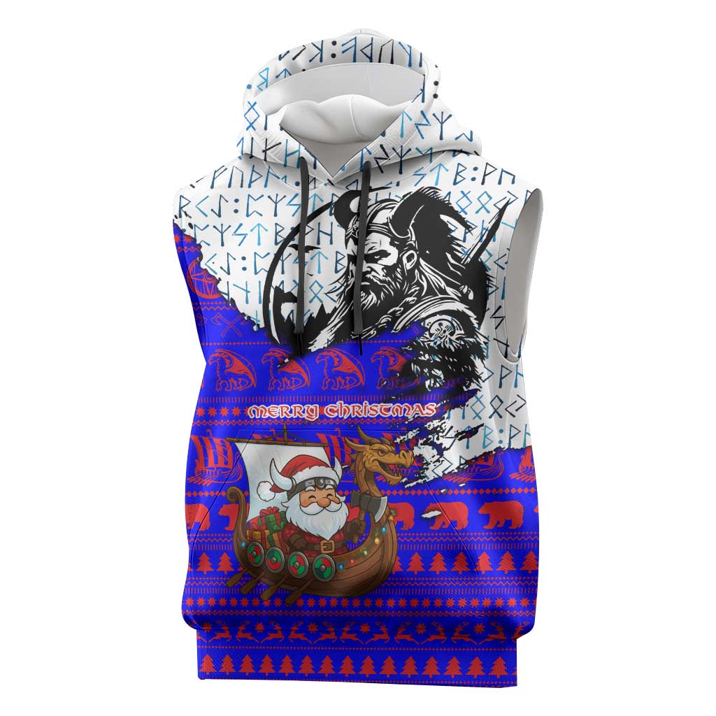 Viking Christmas Sleeveless Hoodie with Santa in Longship Dragon Head Helmet Runes Blue Red Knit Pattern Design - Wonder Print Shop