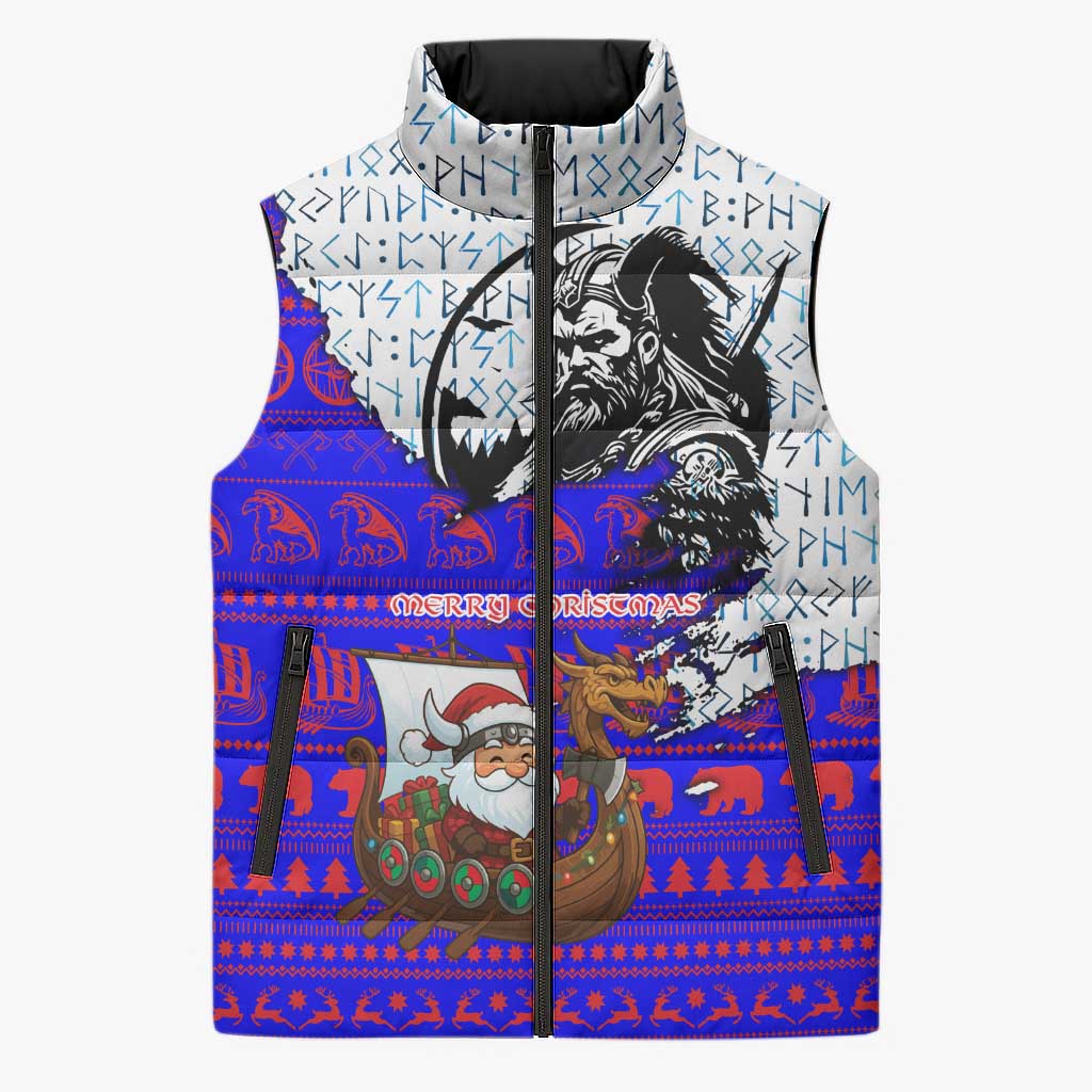 Viking Christmas Sleeveless Puffer Jacket with Santa in Longship Dragon Head Helmet Runes Blue Red Knit Pattern Design - Wonder Print Shop