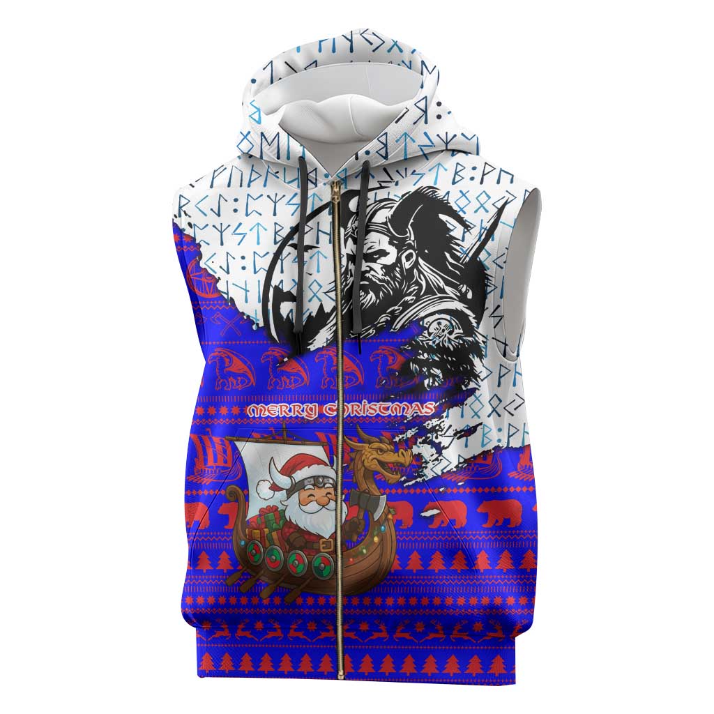 Viking Christmas Sleeveless Zip Hoodie with Santa in Longship Dragon Head Helmet Runes Blue Red Knit Pattern Design - Wonder Print Shop