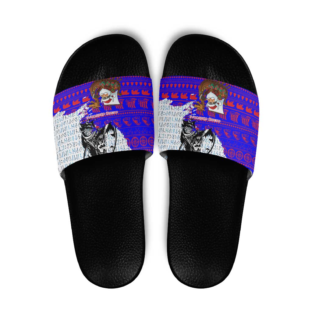 Viking Christmas Slide Sandals with Santa in Longship Dragon Head Helmet Runes Blue Red Knit Pattern Design - Wonder Print Shop