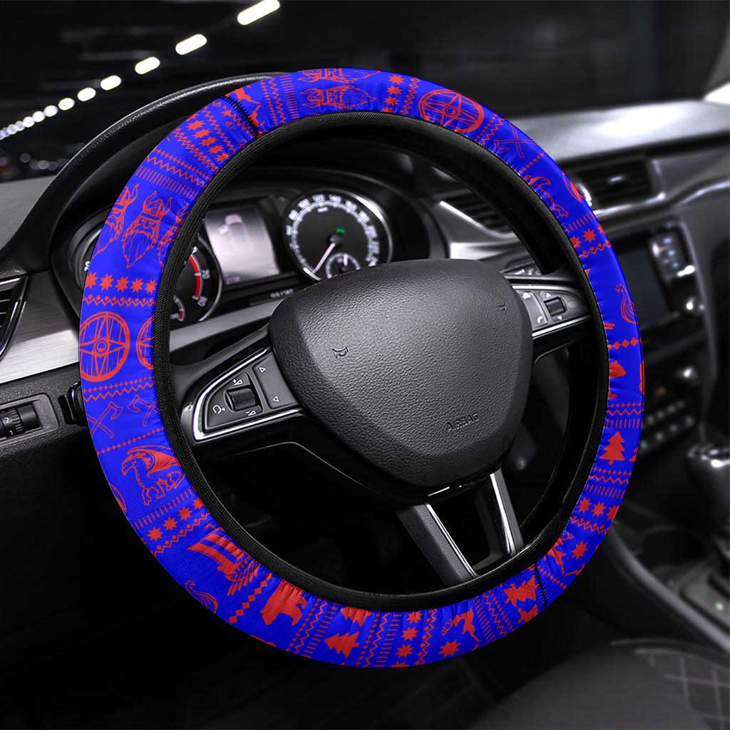 Viking Christmas Steering Wheel Cover with Santa in Longship Dragon Head Helmet Runes Blue Red Knit Pattern Design - Wonder Print Shop