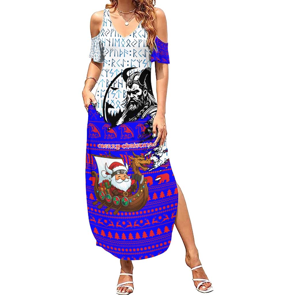 Viking Christmas Summer Maxi Dress with Santa in Longship Dragon Head Helmet Runes Blue Red Knit Pattern Design - Wonder Print Shop
