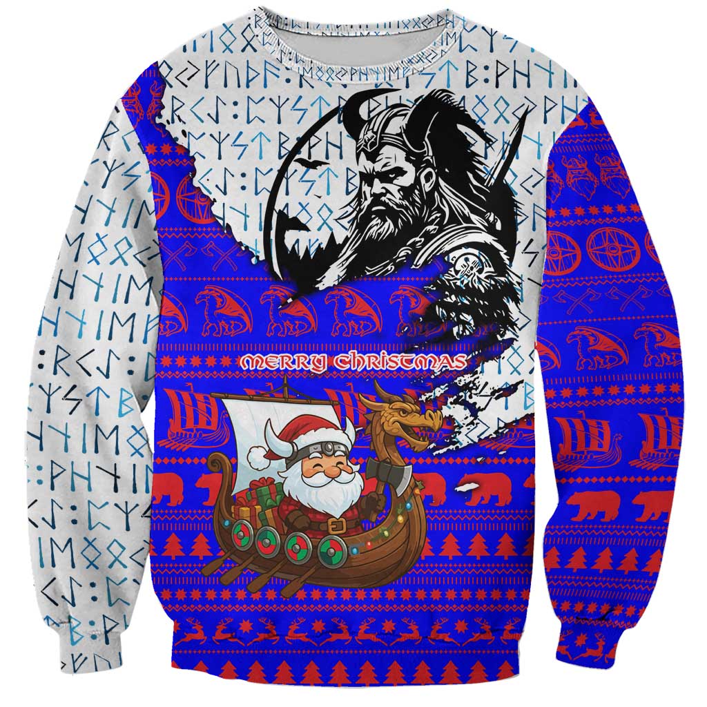 Viking Christmas Sweatshirt with Santa in Longship Dragon Head Helmet Runes Blue Red Knit Pattern Design - Wonder Print Shop