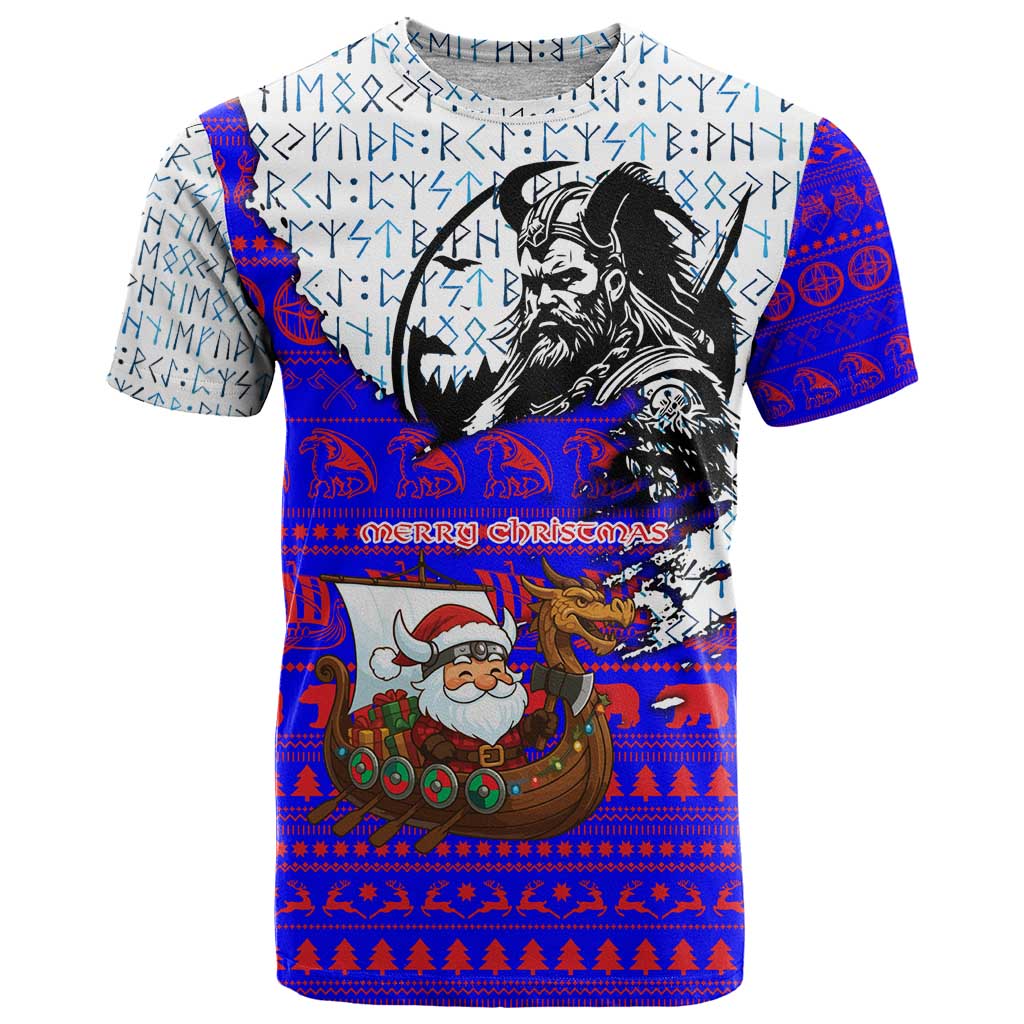 Viking Christmas T Shirt with Santa in Longship Dragon Head Helmet Runes Blue Red Knit Pattern Design - Wonder Print Shop