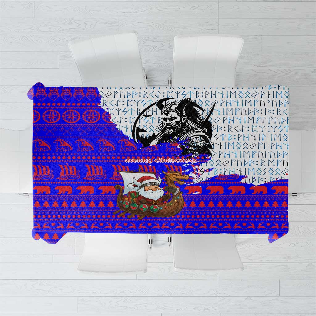 Viking Christmas Tablecloth with Santa in Longship Dragon Head Helmet Runes Blue Red Knit Pattern Design - Wonder Print Shop