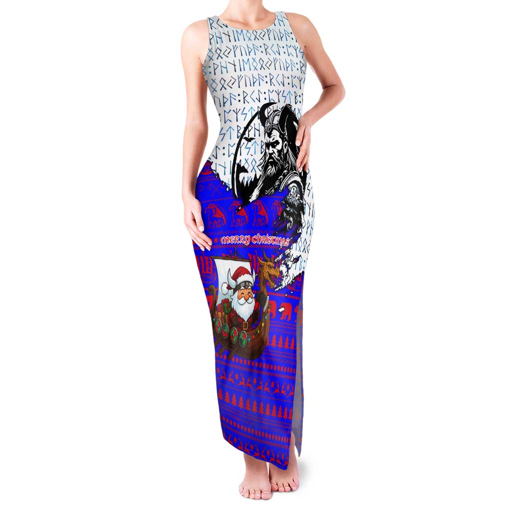 Viking Christmas Tank Maxi Dress with Santa in Longship Dragon Head Helmet Runes Blue Red Knit Pattern Design - Wonder Print Shop