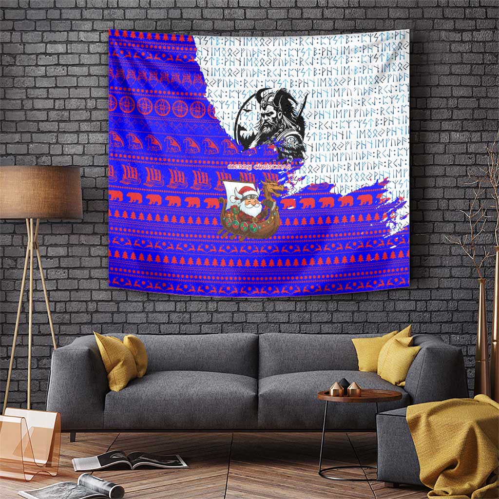 Viking Christmas Tapestry with Santa in Longship Dragon Head Helmet Runes Blue Red Knit Pattern Design - Wonder Print Shop