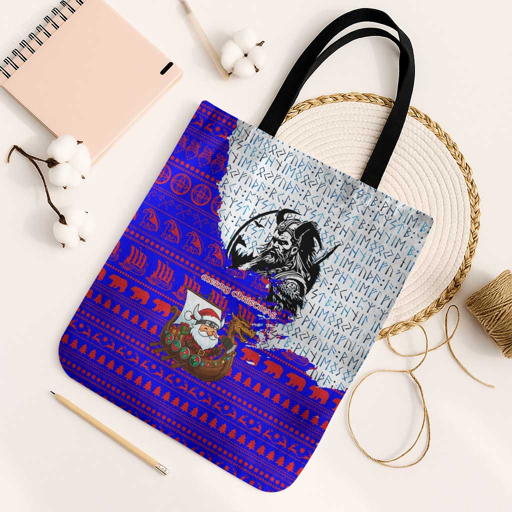 Viking Christmas Tote Bag with Santa in Longship Dragon Head Helmet Runes Blue Red Knit Pattern Design - Wonder Print Shop