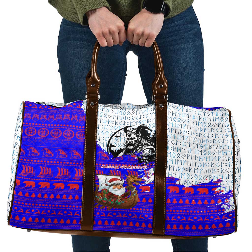 Viking Christmas Travel Bag with Santa in Longship Dragon Head Helmet Runes Blue Red Knit Pattern Design - Wonder Print Shop