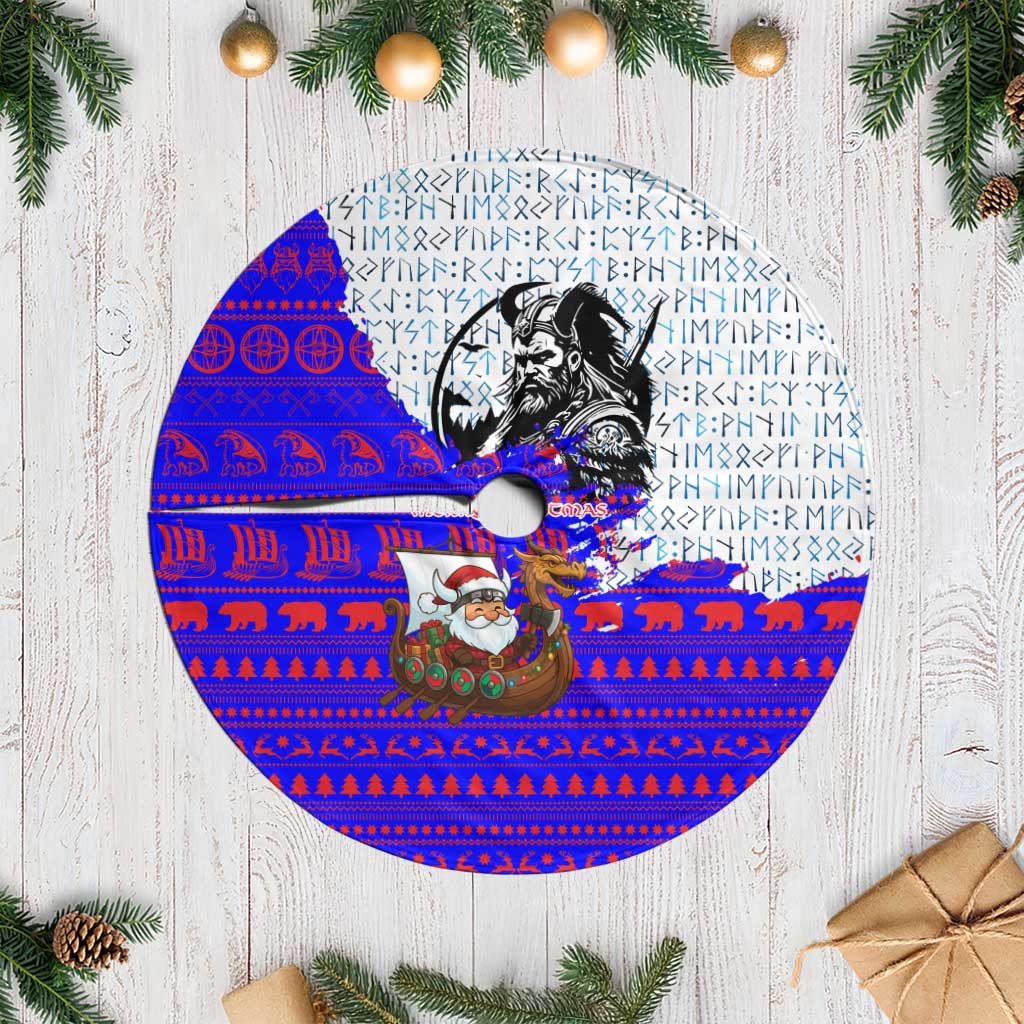Viking Christmas Tree Skirt with Santa in Longship Dragon Head Helmet Runes Blue Red Knit Pattern Design - Wonder Print Shop