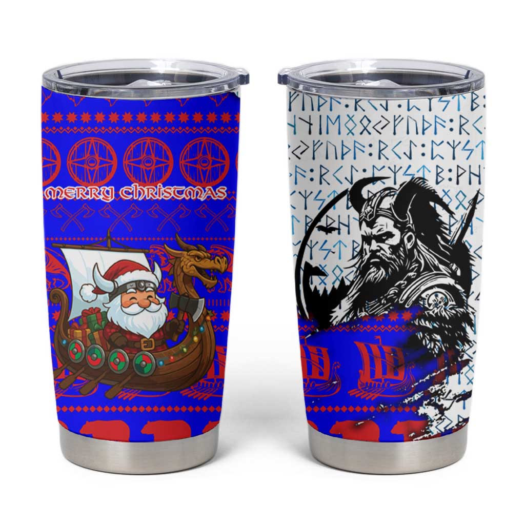 Viking Christmas Tumbler Cup with Santa in Longship Dragon Head Helmet Runes Blue Red Knit Pattern Design - Wonder Print Shop