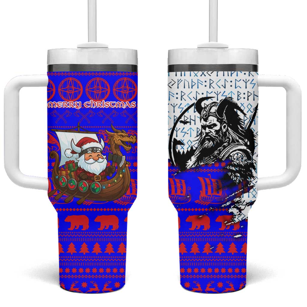 Viking Christmas Tumbler With Handle with Santa in Longship Dragon Head Helmet Runes Blue Red Knit Pattern Design - Wonder Print Shop