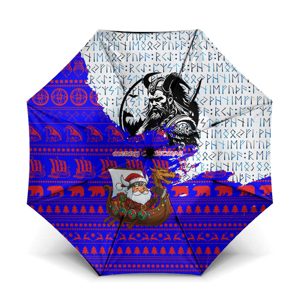 Viking Christmas Umbrella with Santa in Longship Dragon Head Helmet Runes Blue Red Knit Pattern Design - Wonder Print Shop